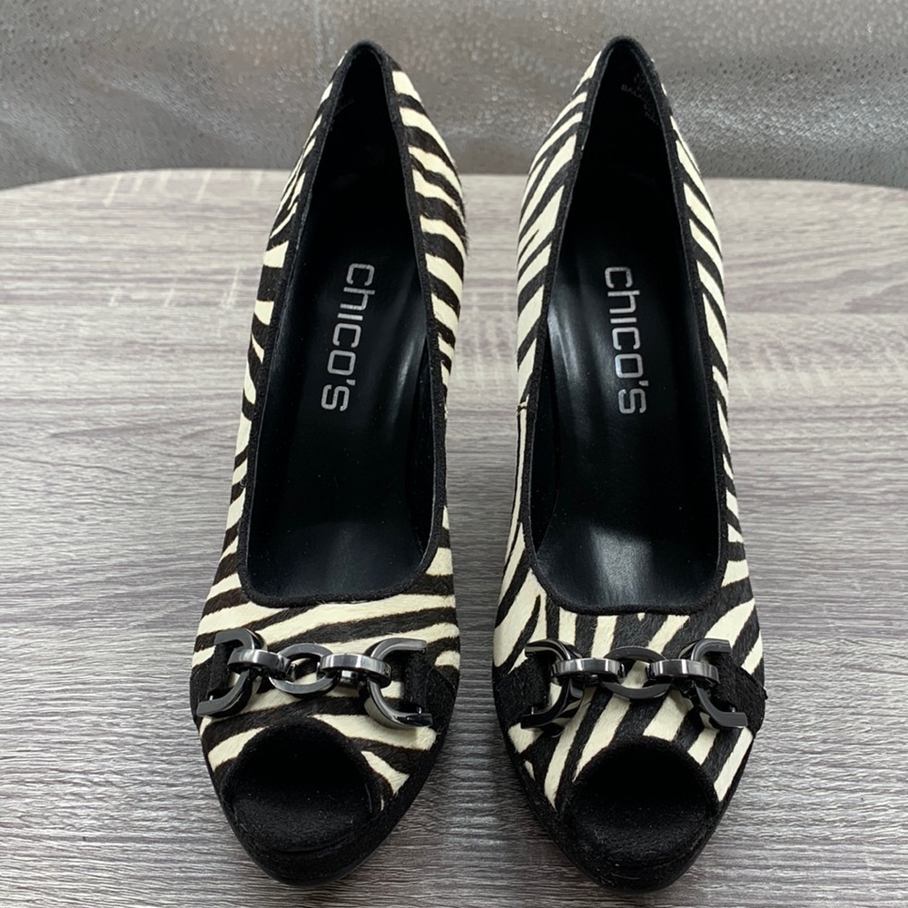 NEW! Chico’s Zebra Print Leather & Fur Heels Slip-ons. 6M. - Picture 3 of 10